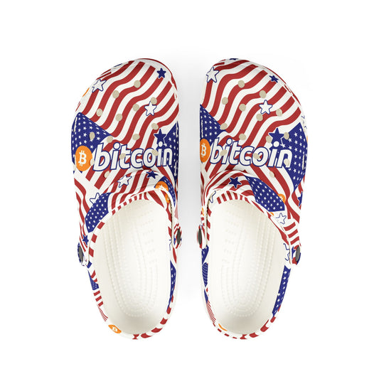 Patriotic Bitcoin USA Clogs | Trendy EVA Foam Shoes for Independence Day, Casual Comfort, American Flag Footwear