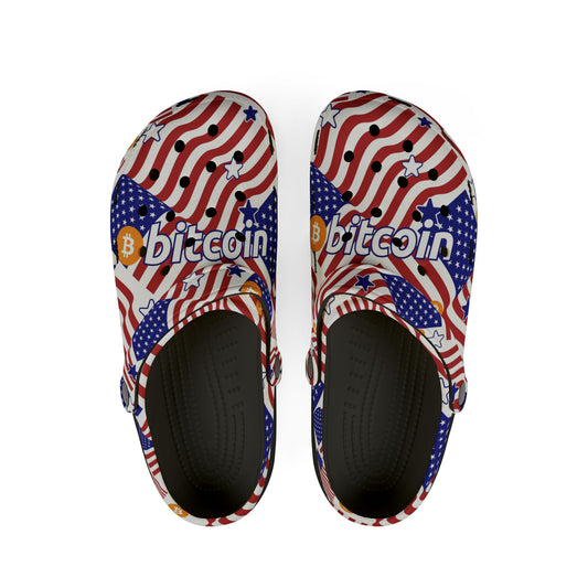 Patriotic Bitcoin USA Clogs | Trendy EVA Foam Shoes for Independence Day, Casual Comfort, American Flag Footwear