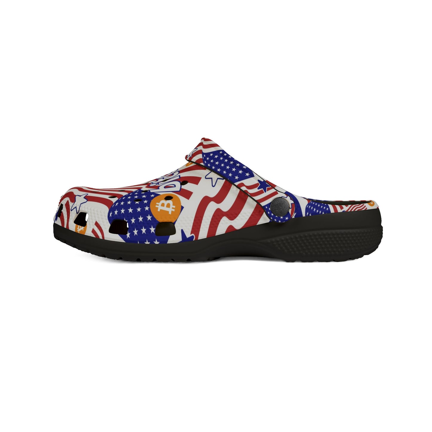 Patriotic Bitcoin USA Clogs | Trendy EVA Foam Shoes for Independence Day, Casual Comfort, American Flag Footwear